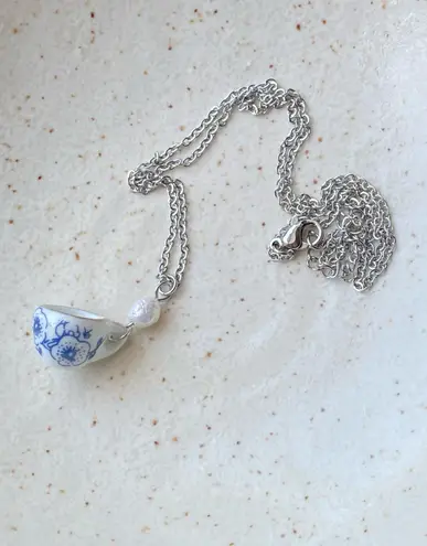 Handmade porcelain tea cup & freshwater pearl unique fun fairy antique style necklace🫖🍃🌀