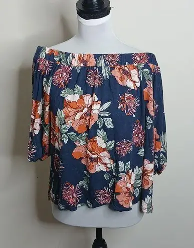 Loveappella blue floral crop off shoulder top size medium