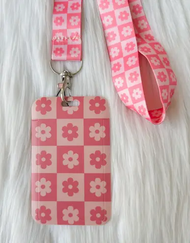 Pink floral checkered lanyard with Id/ card holder