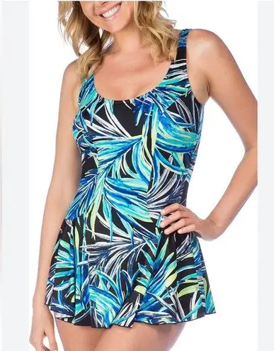 Azul NWT Blue and Green One Piece Flutter Skirt Swimsuit Tropical Print Size 8