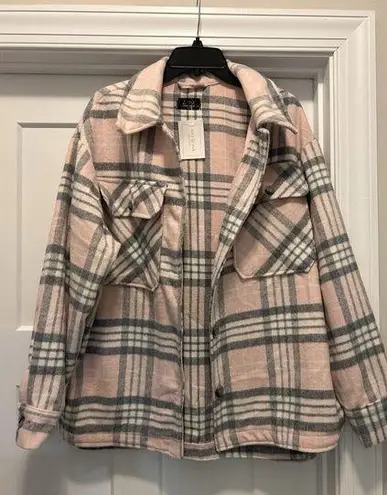 New Women's Size Large Pink Plaid Soft Button Up Oversized Jacket Hip Length