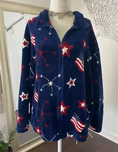 Vintage Classic Americana Dark Blue Red White Flag Fleece Sweater Jacket XXL