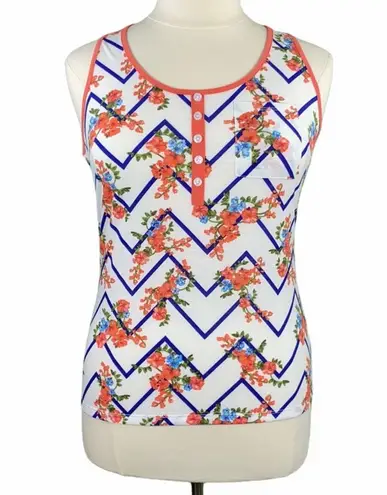 White Boho Chevron Floral Print Racerback Tank Top Size XL