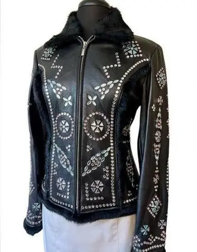 Cripple Creek Genuine Leather Rhinestone and Fur Jacket Black size Medium