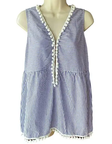Newbury Kustom Blue & White Stripe Pom Pom Trim Boho Blouse ~ Women's MEDIUM