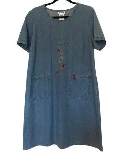 Blair Y2K Peasant Jumper Dress Denim Blue Jean Ladybug Embroidered Cottage Whims