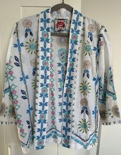 Johnny Was Oriel Cropped Linen Multi-Colored Floral Embroidered Kimono, XS, EUC