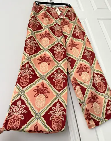 Farm Rio Pineapple Satin Wide-Leg Pants, Size L