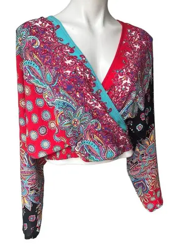 carole little Paisley Boho Blouson Faux Wrap Dolman Sleeve Top, Sz 16