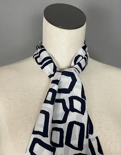 Vintage Long Scarf Abstract Shapes Squarish Narrow Dark Navy Blue White 27" x 5"