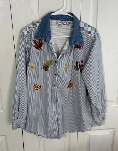 Sara Studio striped denim collar leaf embroidered size 1X Blue