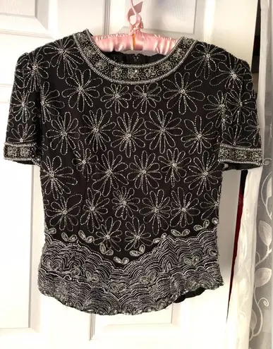 Laurence Kazar Womens Silk Top Black Silver Sequin beaded Lined vintage size M