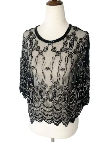 VINTAGE 90s STENAY Sheer Beaded Top Black Size 24