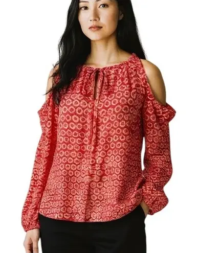 Michael Kors Orange Red Open Shoulder Keyhole Blouse LARGE NWT Bohemian