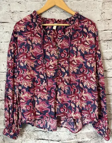 Pilcro Anthropologie Lucille Peasant Blouse Blue Pink Paisley M Floral Boho