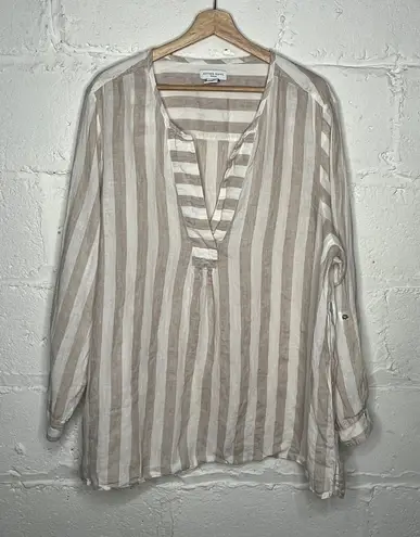 Antibes Blanc Women’s Tan White Linen Roll Tab Sleeve Popover Tunic Top 2X