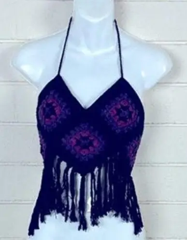 American Vintage Crochet Black Fringe Halter one size