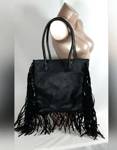 Corporate Goth Black Faux Leather Handbag Shoulder Bag Sueded Tassel Detailing