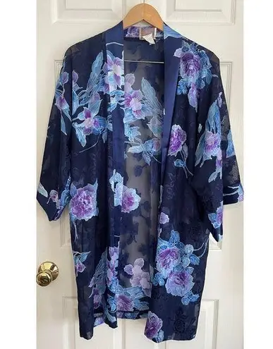 California Dynasty Vintage Robe Kimono Duster Blue Purple Floral Sheer (NO BELT) Size L