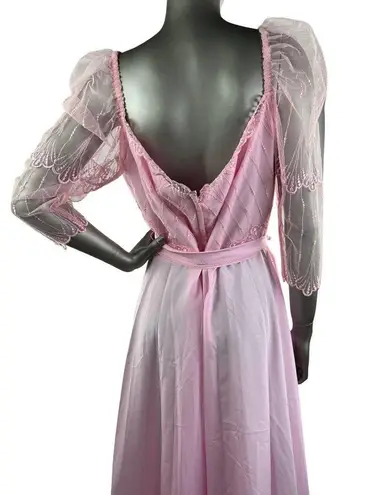 Vintage 1980s Pink Maxi Dress with Mesh and Embroidered Bodice Medium