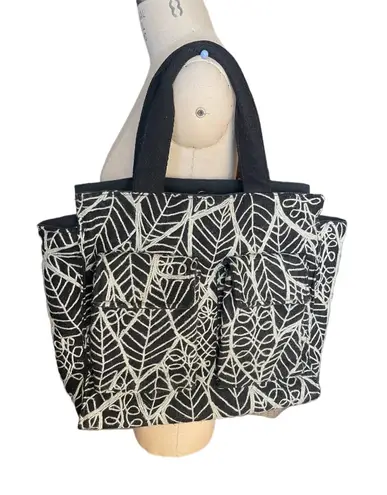 Antik Batik Black & White Wool Embroidered Leaves Large Tote Bag