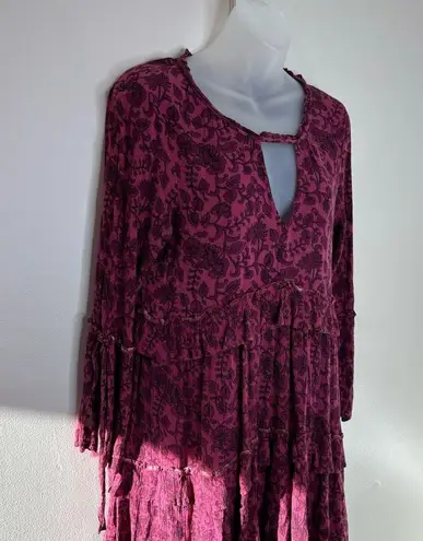 American Eagle  Size Medium Boho Tiered Long Sleeve Dress maroon floral print