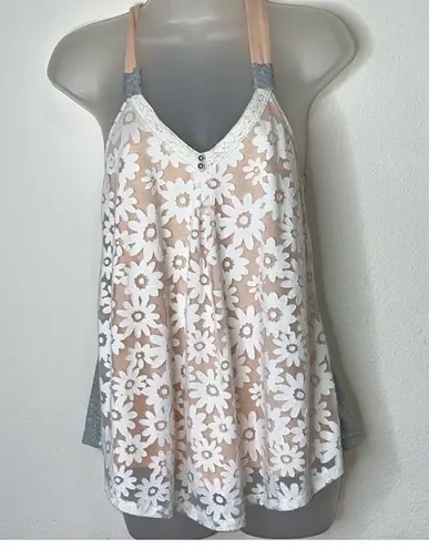 Rewind Floral Embroidered Lace Solid Back Halter Style Mixed Media Flowy Tank Top Small White Orange Gray
