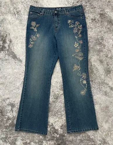 Angels Vintage Y2K 90s Floral Stitchwork Sequin High Rise Flare Leg Petite Jeans