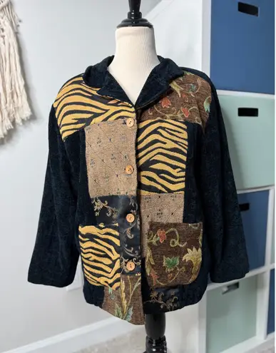 Women's Vintage Black Corduroy Patchwork Tapestry Barn Jacket Chore Coat XL