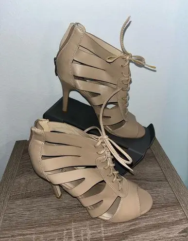 X-Appeal Chic Feminine Beige Tan Peep Toe Cut Out Lace Up 4-Inch Heel Shoes Sz 8