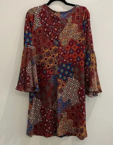 MSK Bell Trumpet Sleeve Boho Print Mini Dress Size Medium