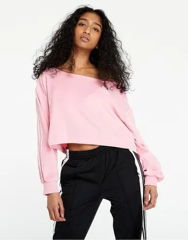 Adidas off shoulder triple stripe logo crop sweatshirt Pink Size M