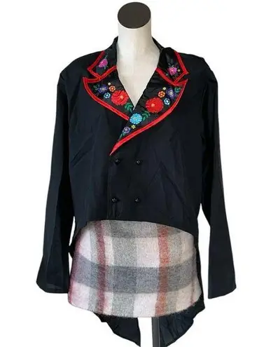 NWOT Asymptomatic Lightweight Shoulder Pad Tunic Top / Jacket Satin Floral Trim Black Size XL