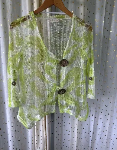 Hailey Lyn Women's Open Knit Weave Oversize Buttons Handkerchief Hem Cardigan S Green