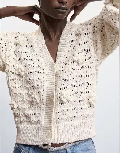 Mango  3D Flower Openwork Knit Crochet Cardigan in Cream White size XL