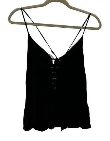 Solemio Black Tank Top Ruffle Design Cross Back Shirt Women’s Size Medium Style!