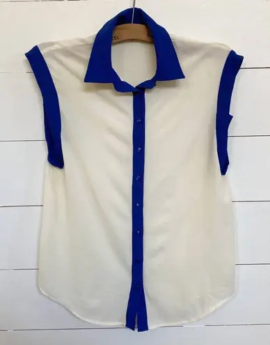 Sisley Sleeveless Cream Contrast Blue Trim Button Dressy Y2K Top