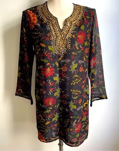 Biba Silk Chiffon Indian Kurta Sequin Floral Black Red Green Gold Size 38 Medium