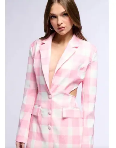 Akira Women's Cut Out Long Sleeve Blazer Dress Pink/White Size Small Chekered Pink