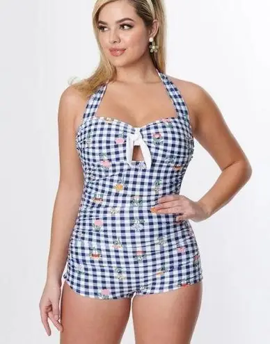 Unique Vintage Navy Gingham Floral Halter Tie Romper Style Swimsuit Sz.S/4 NWT
