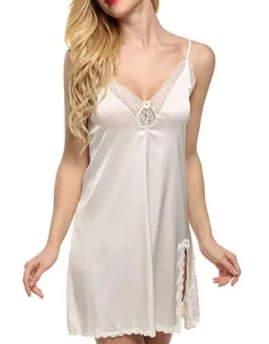 NWT Women’s Ivory Satin Lace Slip Chemise Nightgown Lingerie Sleep Dress Small White