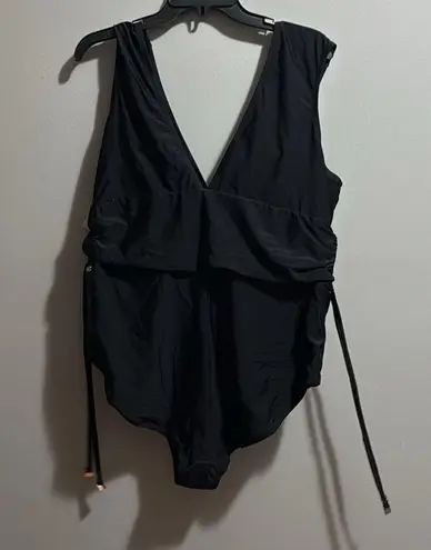 Raisin's Black One Piece Swimsuit Plus Size 22W Ruched V-Neck Glattering Tie