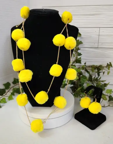 Lemon Yellow Color Pompom on Gold Chain Necklace Earrings Set
