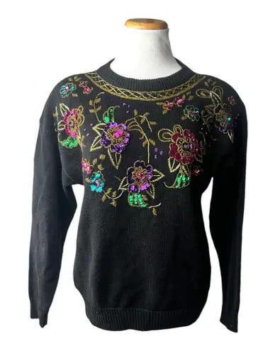 Trimmings Vintage Holiday Christmas Sequin Black Sweater Cotton Medium Knit