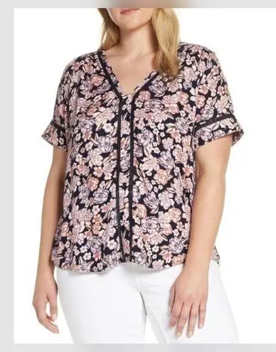 Hinge Navy Blue & Pink Floral Short Sleeve Cutout Lace Detail Top XXL