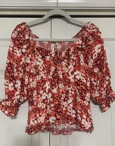 Free People  Sweet Memories Pink Multi Floral Ruffled Puff Sleeve Top Sz L (U13)