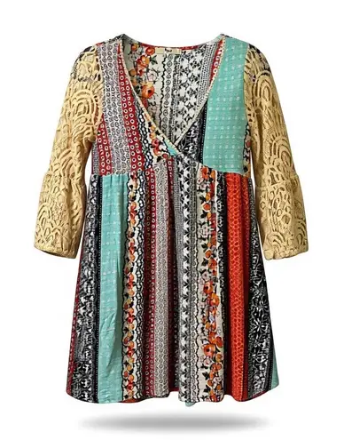 Military Hippie Women Patchwork Boho Babydoll Dress M Lace Cottagecore Festival