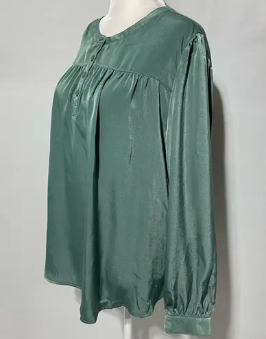 Denim & Co New Long Sleeve Shirred Yoke Henley Blouse Spruce Green Size Medium