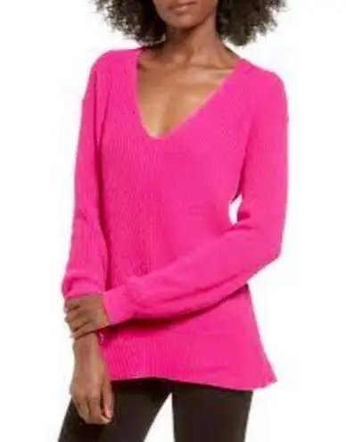 BP  Womens Pink Plunging V-Neck Knit Long Sleeve Pullover Sweater