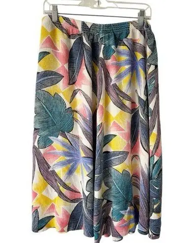 Folio By Fire Islander Woman Flax Blend Tropical Floral Pull On Midi Skirt Sz 12 Blue